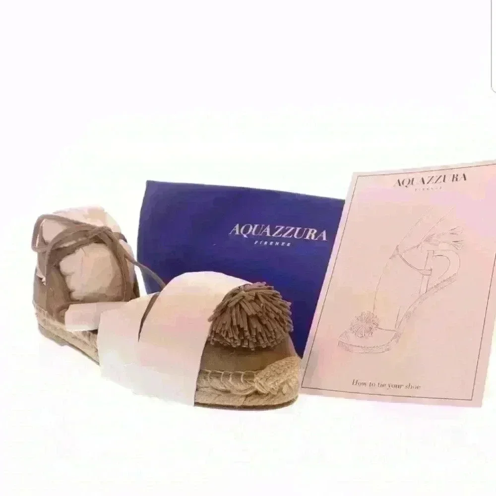 NIB Aquazzura Sunshine Pom-Pom Latte Suede Espadri - Picture 7 of 8